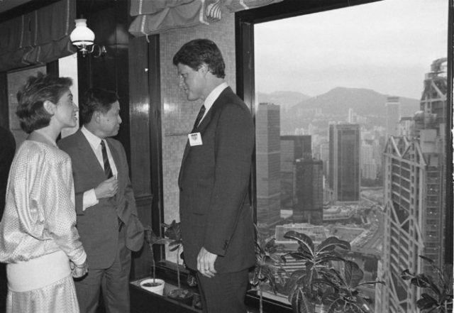 Gov. Bill Clinton of Arkansas,right, and his wife Hillary Rodham Clinton, chat with Mochtar Riady, chairman of the Hong Kong Chinese Bank at a reception hosted by Riady, Oct. 7, 1985. Clinton is in Hong Kong for a three-day trade promotion tour. (AP Photo/Dick Fung)